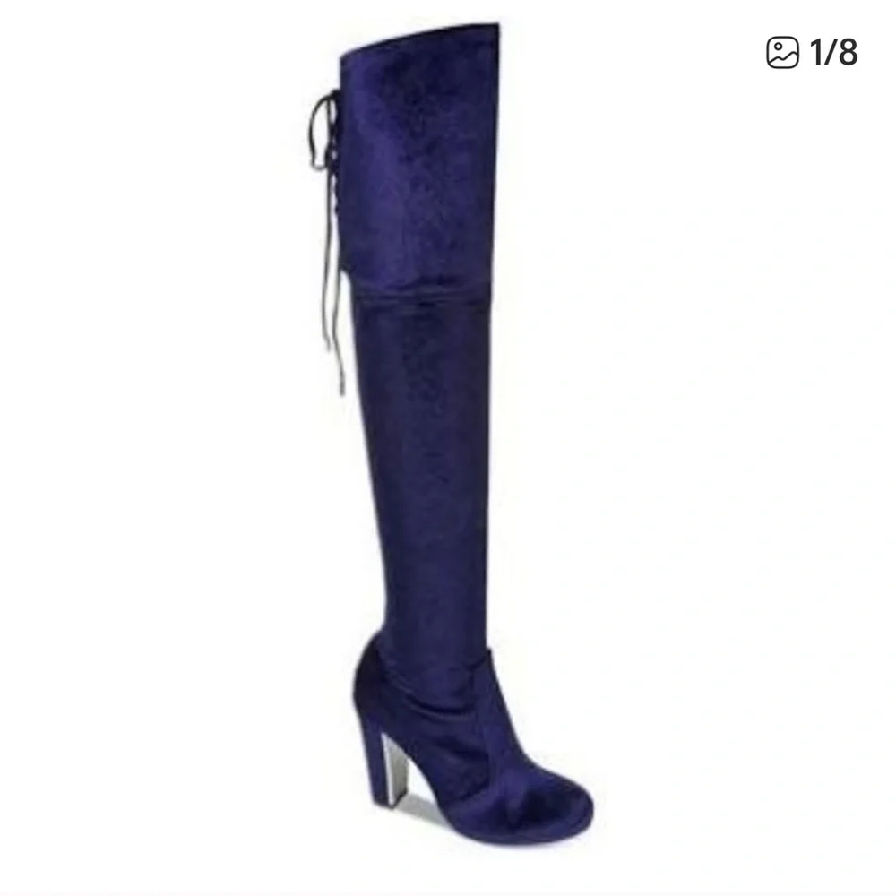 NWT Material Girl Priyanka blue velvet over the knee boots Size 6.5
